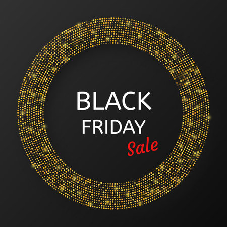 Black Friday sale inscription on gold glowing halftone dotted circle. Vector illustrationのイラスト素材