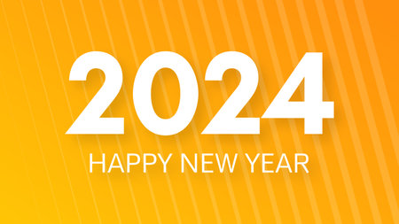 2024 Happy New Year background. Modern greeting banner template with white 2024 New Year numbers on yellow abstract background with lines. vector illustrationのイラスト素材
