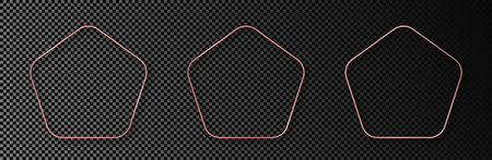 Set of three rose gold glowing rounded pentagon shape frames isolated on dark transparent background. Shiny frame with glowing effects. vector illustrationのイラスト素材