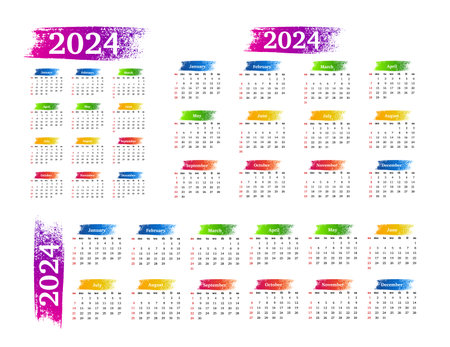 Set of three calendars for 2024 in different forms isolated on a white background. Sunday to Monday business template. vector illustrationのイラスト素材