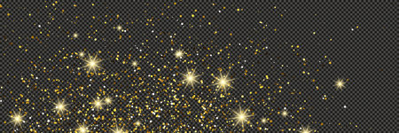 Gold glittering dust with stars on a gray transparent background. Dust with gold glitter effect and empty space for your text. Vector illustrationのイラスト素材