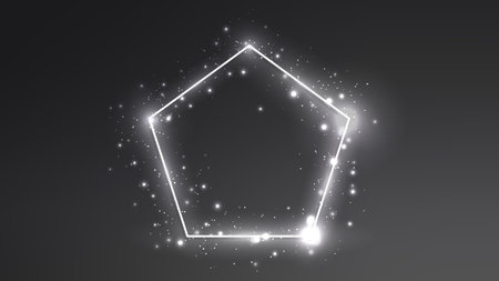 Neon frame in pentagon form with shining effects and sparkles on dark background. Empty glowing techno backdrop. vector illustrationのイラスト素材