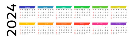 Horizontal calendar for 2024 isolated on a white background. Sunday to Monday business template. vector illustrationのイラスト素材