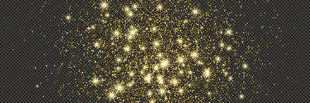 Gold glittering dust with stars on a gray transparent background. Dust with gold glitter effect and empty space for your text. Vector illustrationのイラスト素材