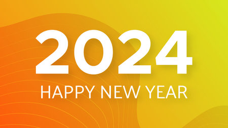 2024 Happy New Year background. Modern greeting banner template with white 2024 New Year numbers on yellow abstract background with lines. vector illustrationのイラスト素材