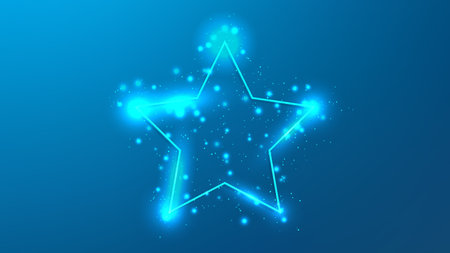 Neon frame in star form with shining effects and sparkles on blue background. Empty glowing techno backdrop. Vector illustrationのイラスト素材