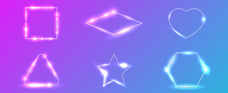 Set of six neon frames in different geometric forms with shining effects and sparkles on violet background. Empty glowing techno backdrop. Vector illustrationのイラスト素材