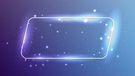 Neon rounded parallelogram frame with shining effects and sparkles on dark blue background. Empty glowing techno backdrop. Vector illustrationのイラスト素材