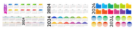 Set of six horizontal calendars for 2024 isolated on a white background. Sunday to Monday, business template. Vector illustrationのイラスト素材