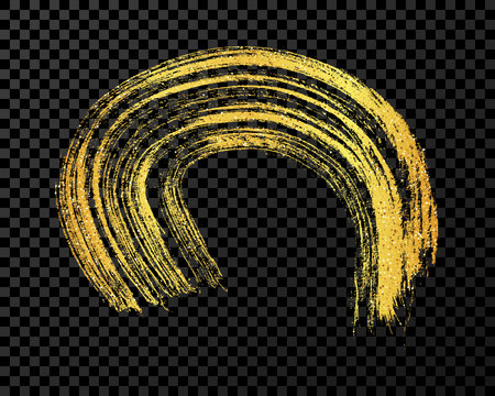 Gold grunge brush stroke in circle form. Painted ink circle. Ink spot isolated on dark transparent background. Vector illustrationのイラスト素材