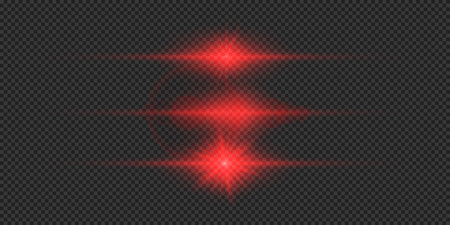 Light effect of lens flares. Three red horizontal glowing light starburst effects with sparkles on a gray transparent background. Vector illustrationのイラスト素材