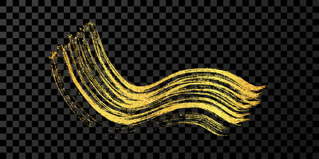 Gold wavy grunge brush stroke. Painted ink stripe. Ink spot isolated on dark transparent background. Vector illustrationのイラスト素材