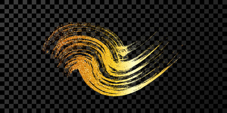 Gold wavy grunge brush stroke. Painted ink stripe. Ink spot isolated on dark transparent background. Vector illustrationのイラスト素材