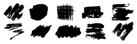 Black grunge brush strokes. Set of black hand-painted brush ink stains. Ink spots isolated on a white background. Vector illustrationのイラスト素材