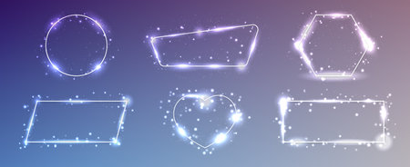Set of six neon frames in different geometric forms with shining effects and sparkles on blue background. Empty glowing techno backdrop. Vector illustrationのイラスト素材