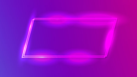 Neon double quadrangle frame with shining effects on purple background. Empty glowing techno backdrop. Vector illustrationのイラスト素材