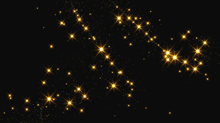 Gold glittering confetti wave and stardust. Backdrop with golden magical sparkles on dark background. Vector illustrationのイラスト素材
