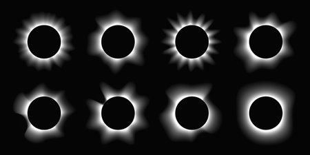 Big set of circle illuminated frames with gradient. Eight white round neon banners isolated on black background. Vector illustrationのイラスト素材