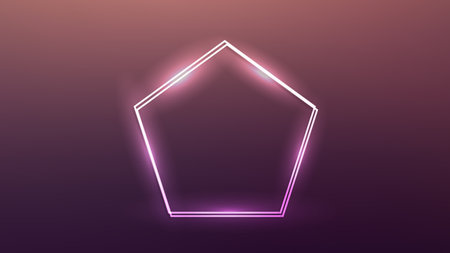Neon double frame in pentagon form with shining effects on brown background. Empty glowing techno backdrop. Vector illustrationのイラスト素材