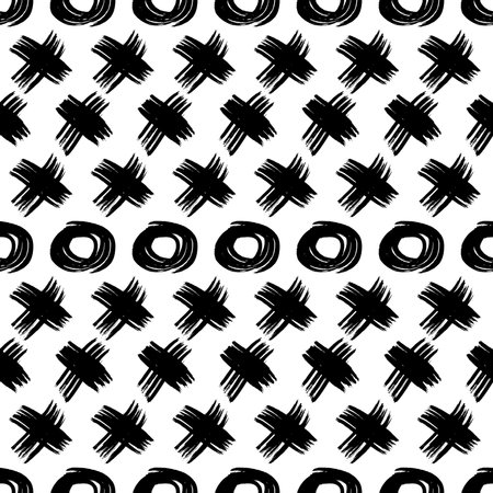 Seamless pattern with black sketch hand drawn brush scribble circles shape and cross symbols on white background. Abstract grunge texture. Vector illustrationのイラスト素材