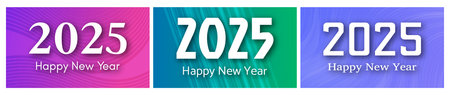 2025 Happy New Year backgrounds. Set of three modern greeting banner templates with white 2025 New...
