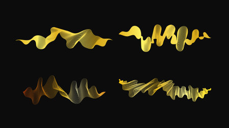 Luxury golden waves on dark background. Set of four abstract modern technology backdrops with wave design. Vector illustrationのイラスト素材