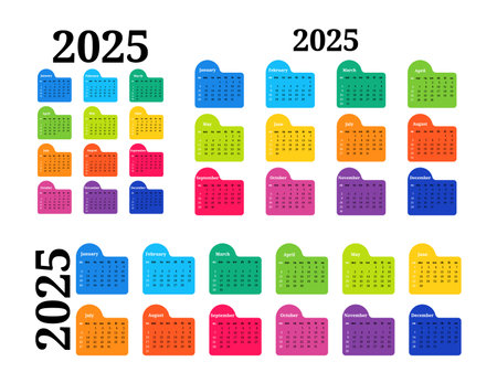 Set of three calendars for 2025 in different forms isolated on a white background. Sunday to Monday, business template. Vector illustrationのイラスト素材