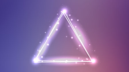 Neon double triangular frame with shining effects and sparkles on purple background. Empty glowing techno backdrop. Vector illustrationのイラスト素材