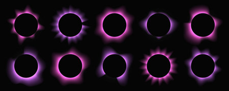 Set of circle illuminated frames with gradient. Ten purple round neon banners isolated on black...