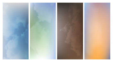Set of modern gradient backgrounds with clouds. Bright abstract presentation backdrop. Vector...