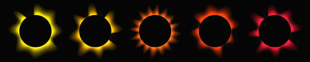 Set of circle illuminated frames with gradient. Five multicolor round neon banners isolated on black...