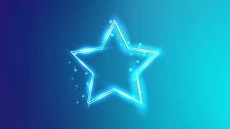 Neon double star frame with shining effects and sparkles on blue background. Empty glowing techno backdrop. Vector illustrationのイラスト素材