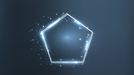 Neon double frame in pentagon form with shining effects and sparkles on dark background. Empty...