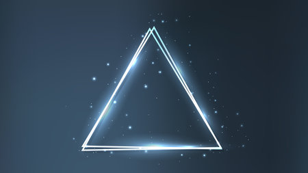 Neon double triangular frame with shining effects and sparkles on dark background. Empty glowing...