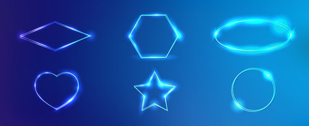 Set of six neon frames in different geometric forms with shining effects on blue background. Empty glowing techno backdrop. Vector illustrationのイラスト素材