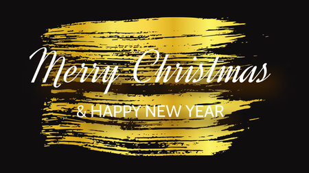 Merry Christmas and Happy New Year white inscription with shadow on gold smear. Abstract backdrop for Christmas holiday greeting card, flyers or posters. Vector illustrationのイラスト素材