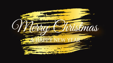 Merry Christmas and Happy New Year white inscription with shadow on gold smear. Abstract backdrop for Christmas holiday greeting card, flyers or posters. Vector illustrationのイラスト素材