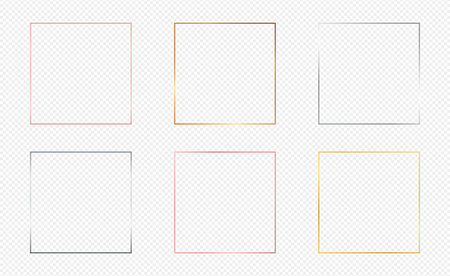 Set of six gold, silver and rose gold glowing square frames isolated on transparent background. Shiny frame with glowing effects. Vector illustrationのイラスト素材