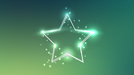Neon double star frame with shining effects and sparkles on dark green background. Empty glowing techno backdrop. Vector illustrationのイラスト素材