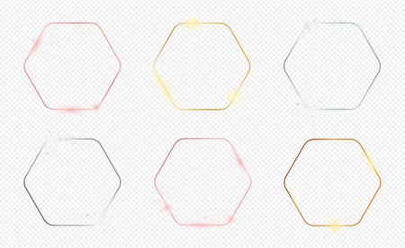 Set of six gold, silver and rose gold glowing rounded hexagon frames isolated on transparent background. Shiny frame with glowing effects. Vector illustrationのイラスト素材