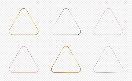 Set of six gold, silver and rose gold glowing rounded rhombus frames isolated on transparent background. Shiny frame with glowing effects. Vector illustrationのイラスト素材