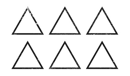 Set of grunge borders in triangle form. Collection of six dark textured frames with empty space on white background. Vector illustrationのイラスト素材