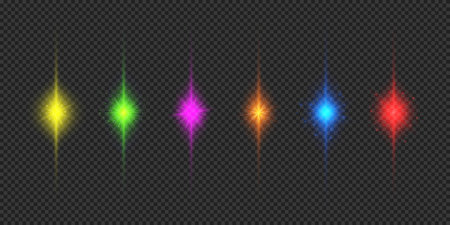 Light effect of lens flares. Six multicolor glowing light starburst effects with sparkles on a gray transparent background. Vector illustrationのイラスト素材