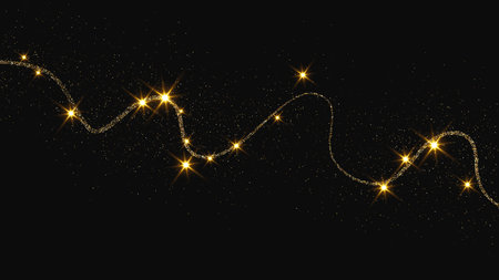 Gold glittering confetti wave and stardust. Backdrop with golden magical sparkles on dark background. Vector illustrationのイラスト素材