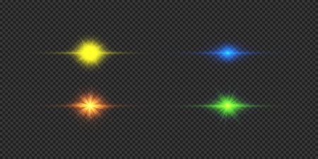 Light effect of lens flares. Four multicolor horizontal glowing light starburst effects with sparkles on a gray transparent background. Vector illustrationのイラスト素材