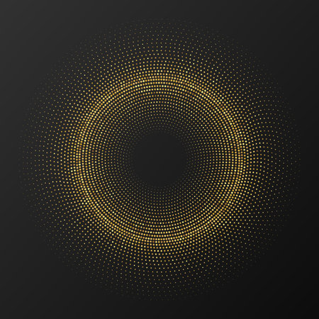 Abstract gold glowing halftone dotted background. Gold glitter pattern in circle form. Circle halftone dots. Vector illustrationのイラスト素材