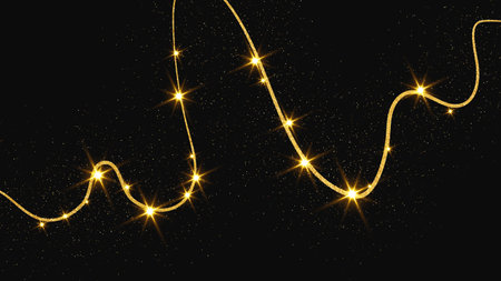Gold glittering confetti wave and stardust. Backdrop with golden magical sparkles on dark background. Vector illustrationのイラスト素材