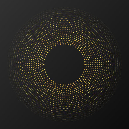 Abstract gold glowing halftone dotted background. Gold glitter pattern in circle form. Circle halftone dots. Vector illustrationのイラスト素材