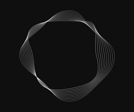 Round curved frame with dynamic wavy stripes. White wavy circles on a black background. Design element. Vector illustrationのイラスト素材