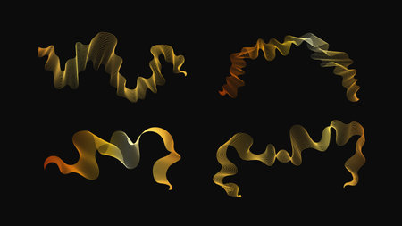 Luxury golden waves on dark background. Set of four abstract modern technology backdrops with wave design. Vector illustrationのイラスト素材